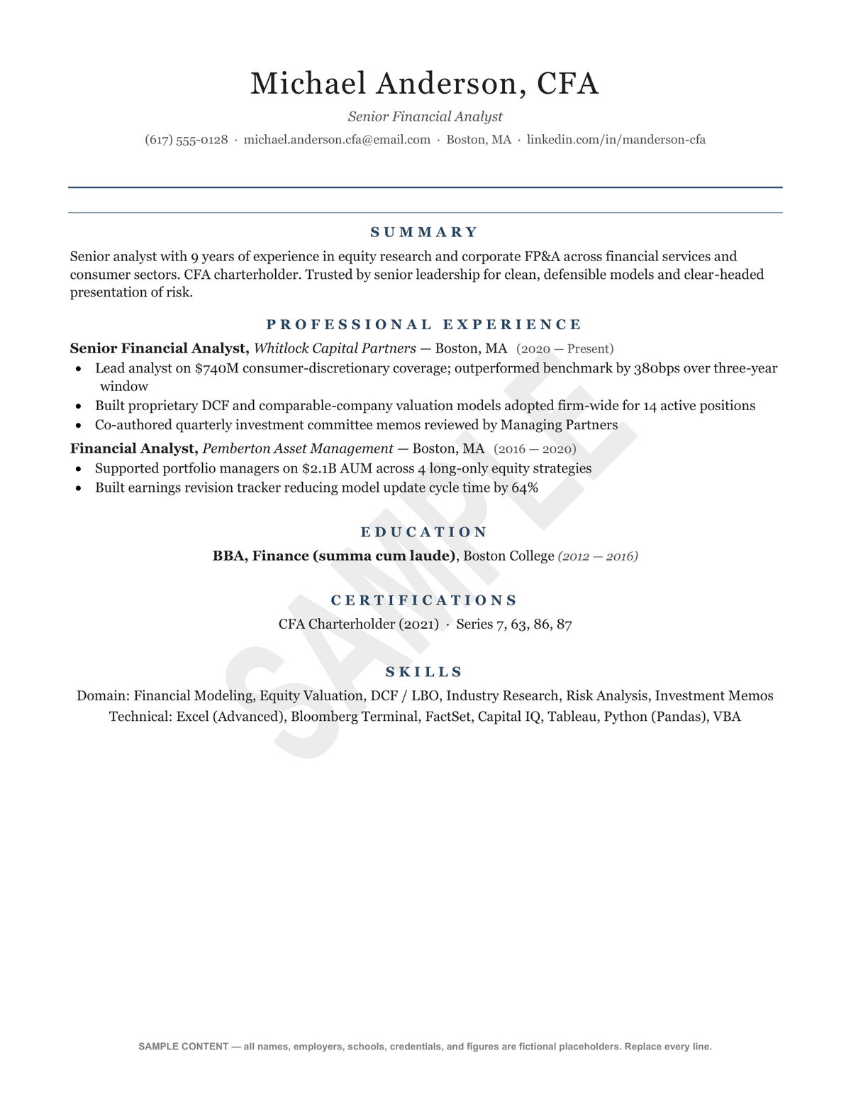 Finance Resume Template — Editable Word + SAMPLE PDF
