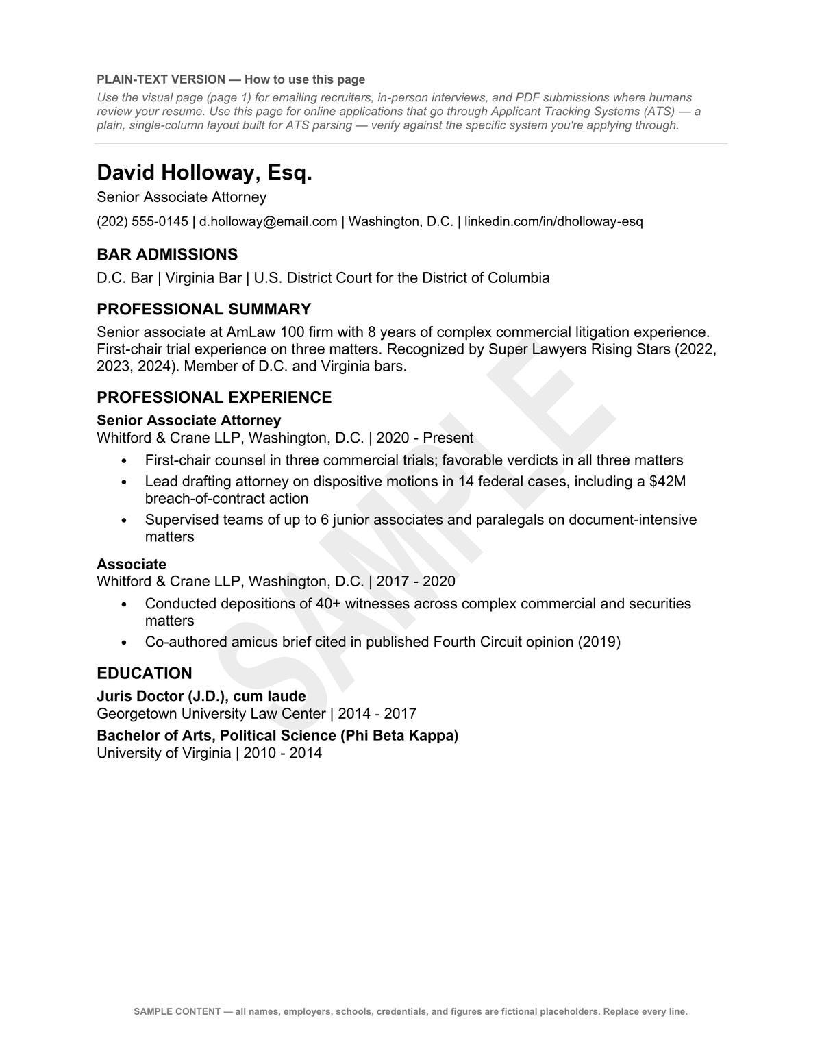 Legal Resume Template — Editable Word + SAMPLE PDF