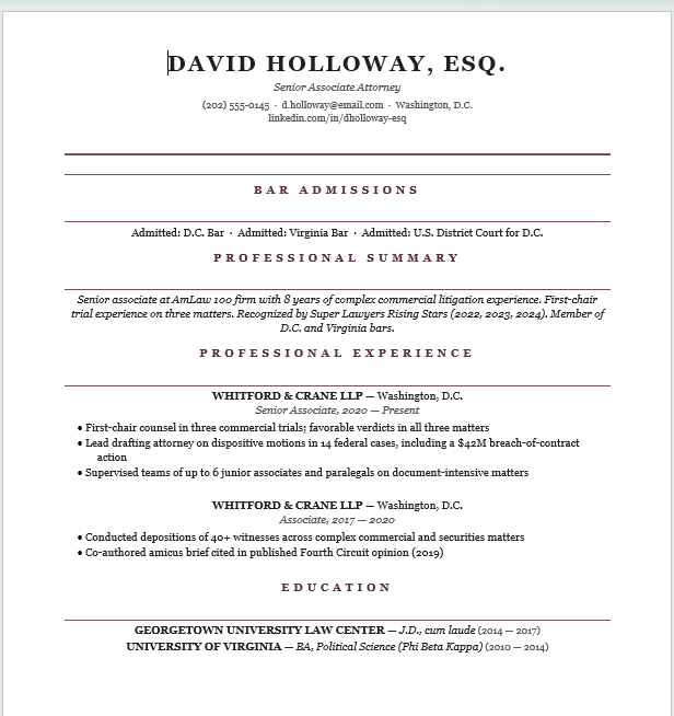 Legal Resume Template — Attorney, Associate, JD | Traditional Editable