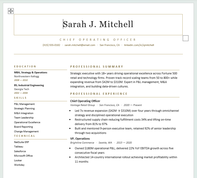 Executive Resume Template — C-Suite & VP Roles | Editable Word + PDF