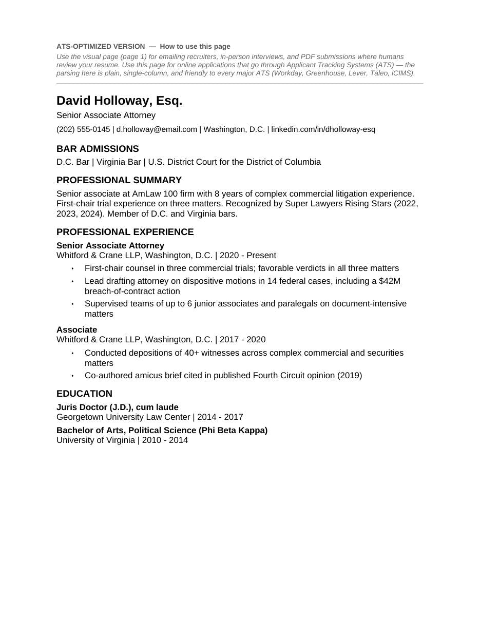 Legal Resume Template — Attorney, Associate, JD | Traditional Editable